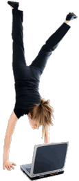 Woman doing a handstand with a computer